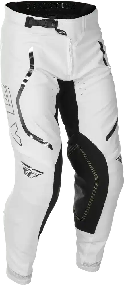 Weiße Motocross-Hose Evolution DST LE Flash Pants mit silbernen Details, robustem Kniebereich und BOA Fit System