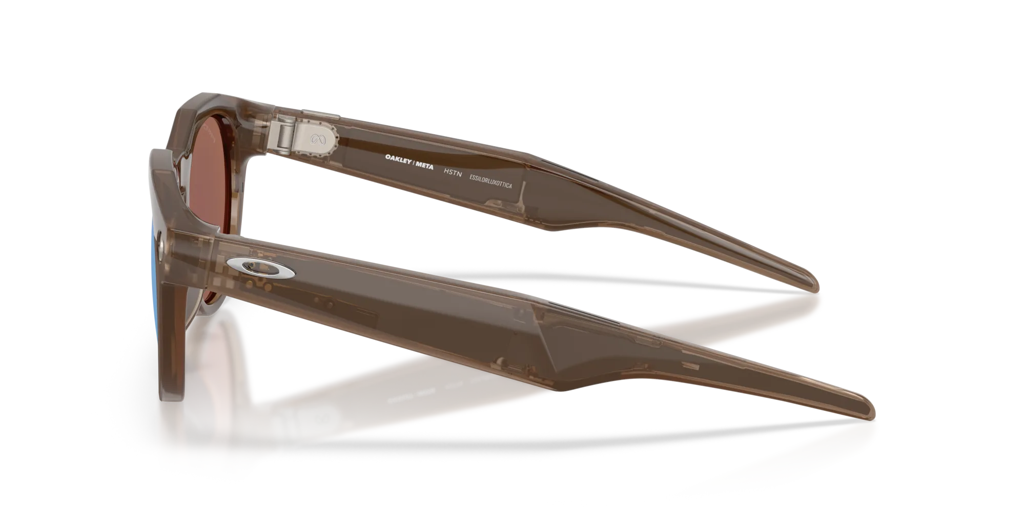 Seitenansicht der Oakley Meta HSTN Smartbrille in Braun mit sichtbaren technischen Komponenten im Bügel