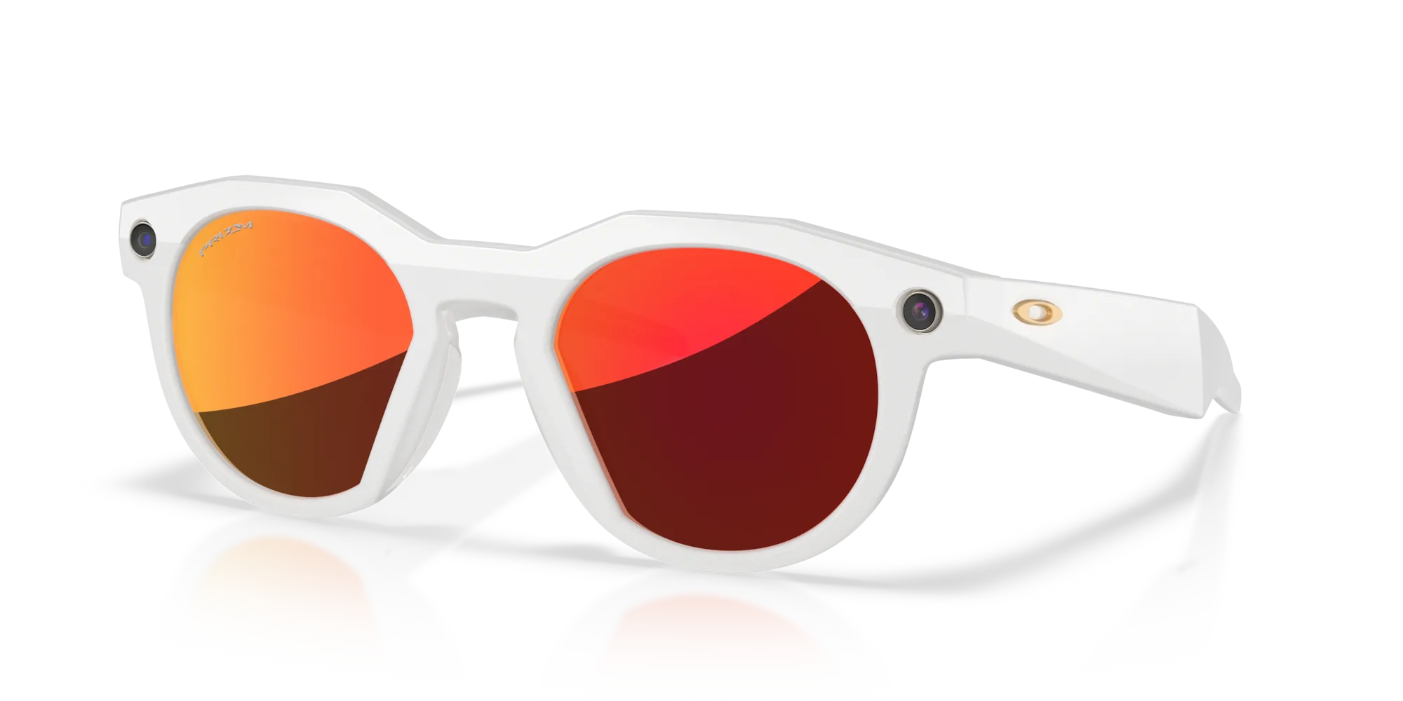 Oakley Meta HSTN KI-Sonnenbrille in Weiß mit runden, roten Prizm-Gläsern und integrierten Kameras