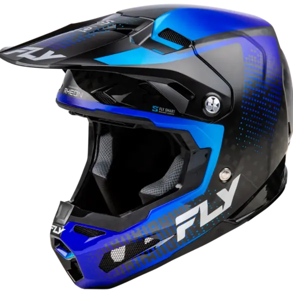 Motocross-Helm FLY Racing Formula S Carbon Protocol in Blau-Schwarz von der Seite vor weißem Hintergrund