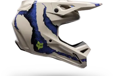 Motorradhelm V1 Awareness Limited Edition, kreideweiß mit blauen Details und abnehmbarem Visier.