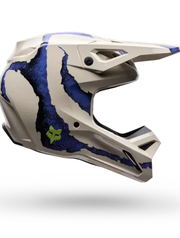Motorradhelm V1 Awareness Limited Edition, kreideweiß mit blauen Details und abnehmbarem Visier.