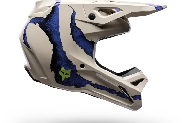Motorradhelm V1 Awareness Limited Edition, kreideweiß mit blauen Details und abnehmbarem Visier.