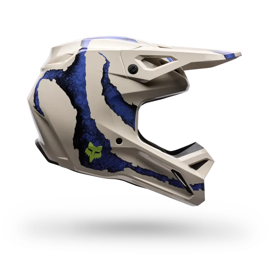 Motorradhelm V1 Awareness Limited Edition, kreideweiß mit blauen Details und abnehmbarem Visier.