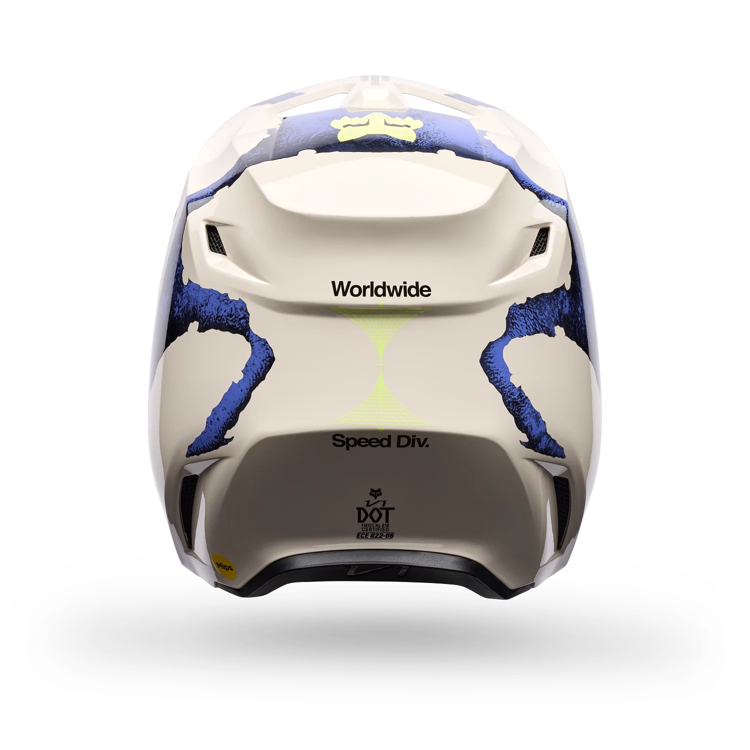 Rückansicht eines V1 Awareness Limited Edition Motorradhelms mit Belüftungsöffnungen und auffälligem Design