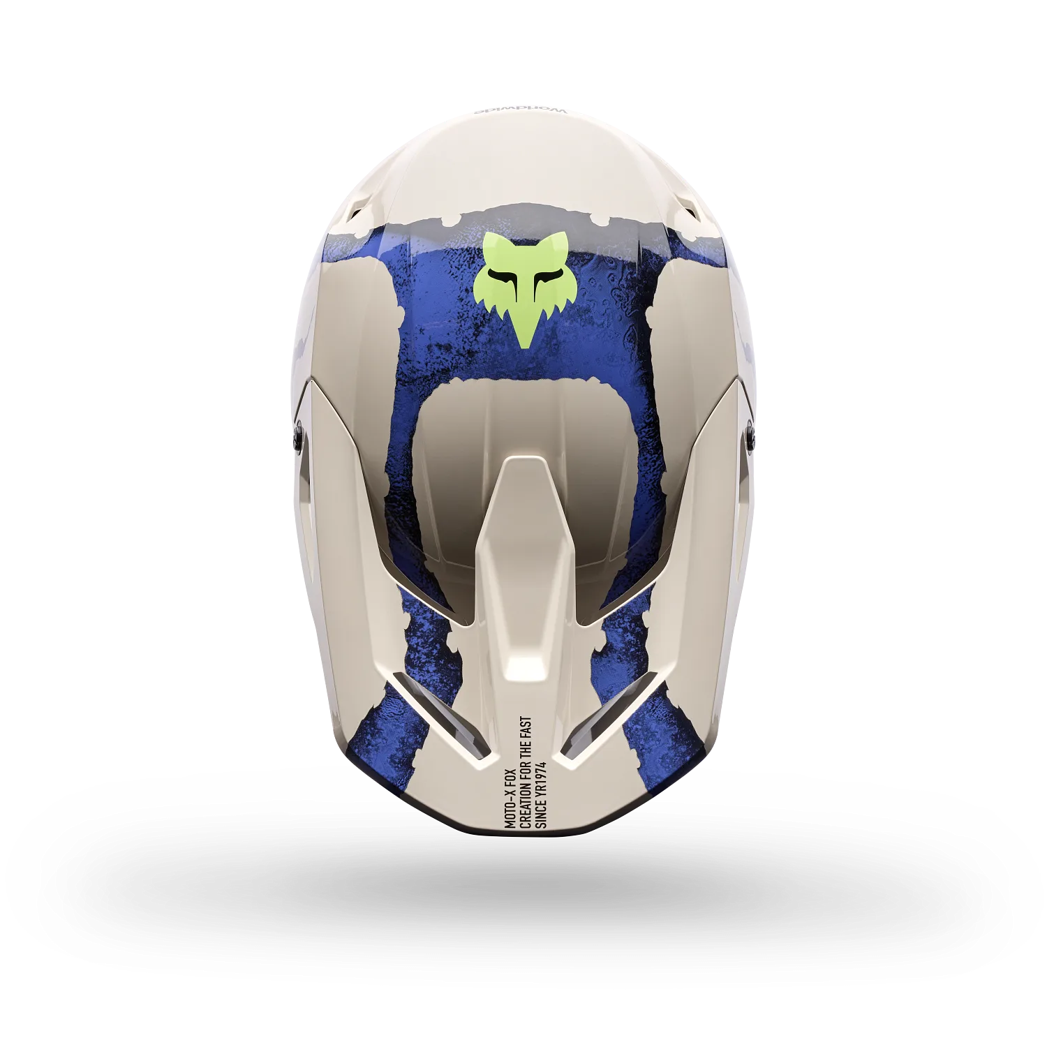 V1 Awareness Limited Edition Motorradhelm in Kreideweiß mit blauem und grünem Dekor von oben fotografiert