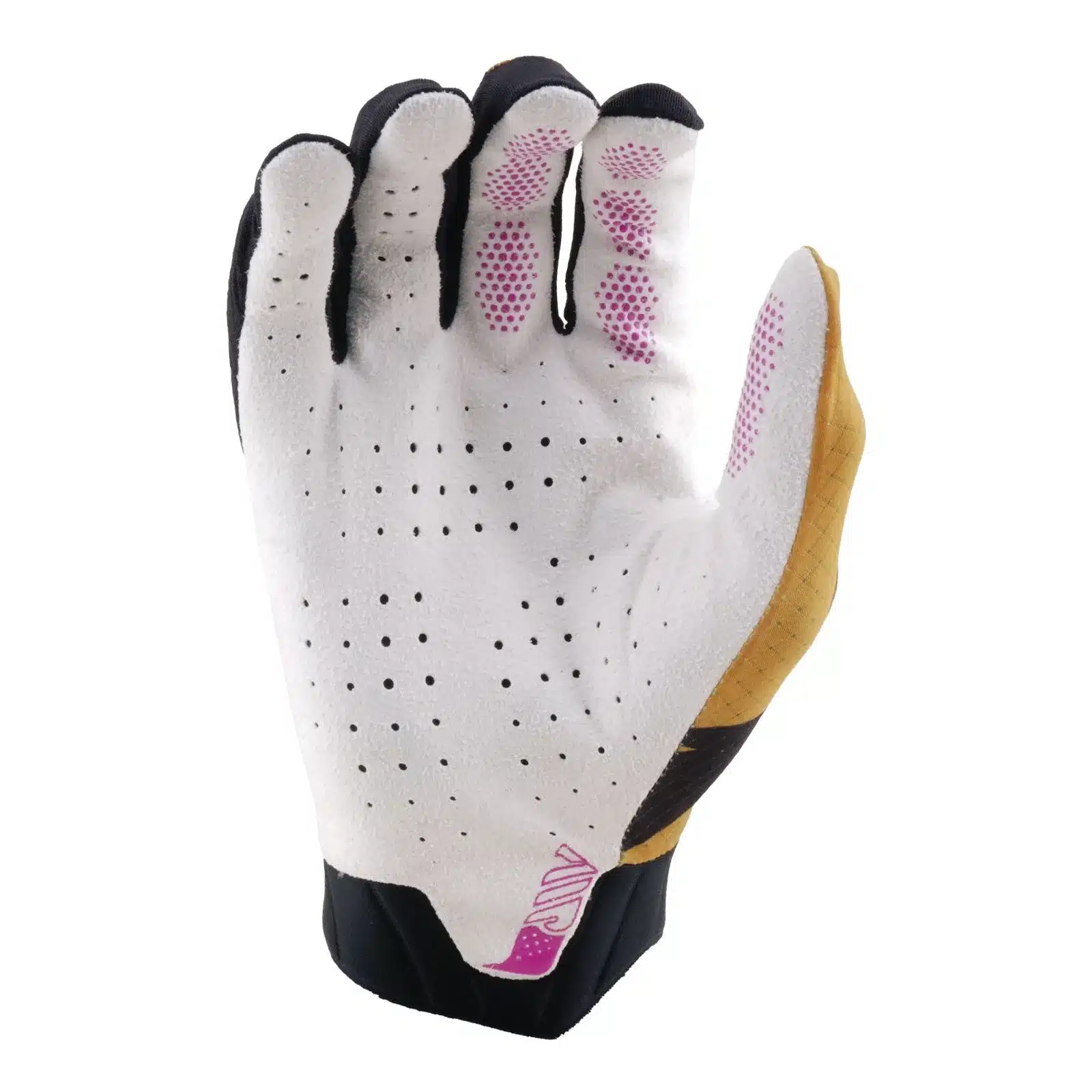 Weißer, belüfteter Fahrradhandschuh mit schwarzen, goldenen und pinken Elementen; Ansicht der Innenfläche.