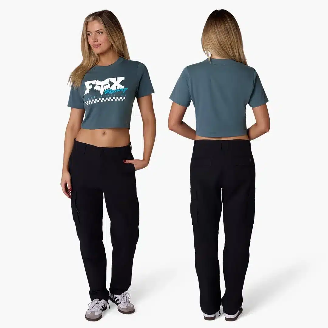 Checker Baby T‑Shirt für Damen mit Karomuster, von vorne und hinten getragen.
