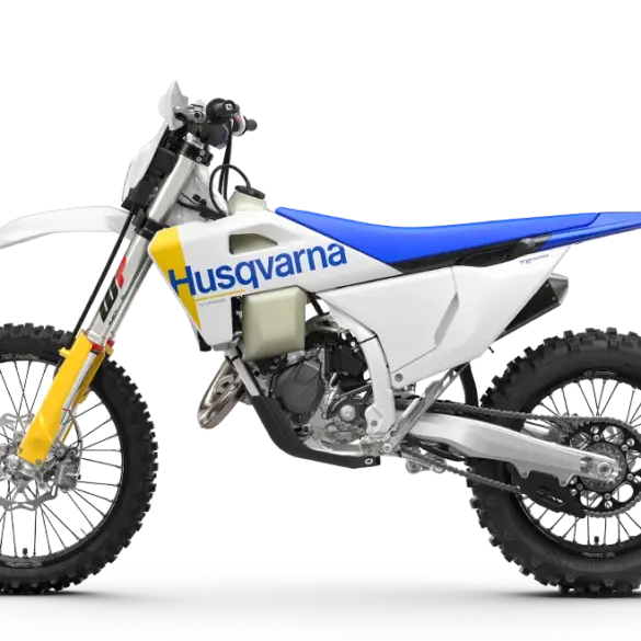 Husqvarna TE 125 Sportenduro-Motorrad in Seitenansicht mit blauem Sitz und weiß-gelbem Design