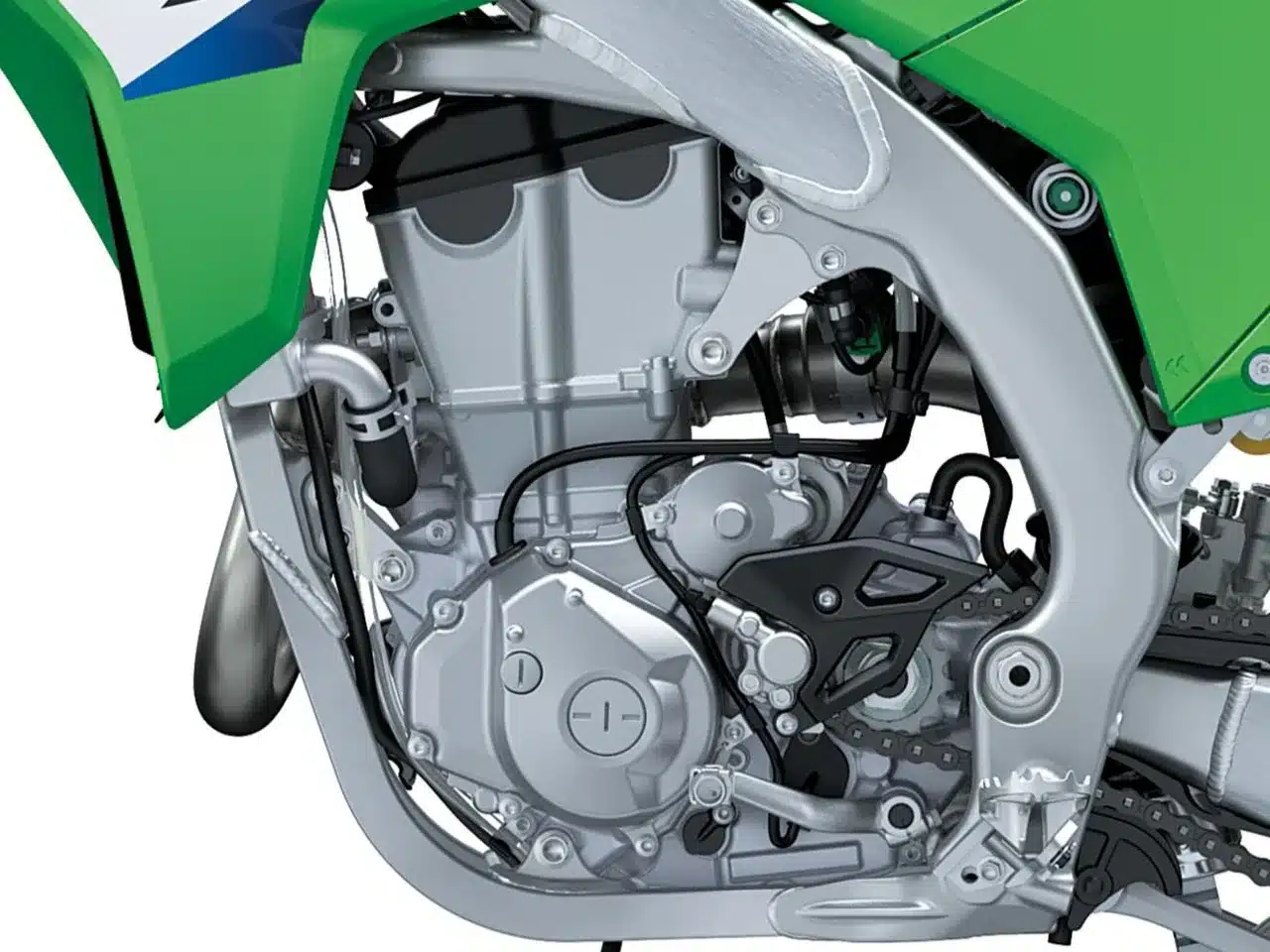 Motor und Aluminiumrahmen der Kawasaki KX450F 2027 im Detail
