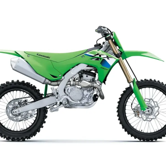 Kawasaki KX250F 2027 Motocross-Motorrad in Lime Green, Seitenprofil