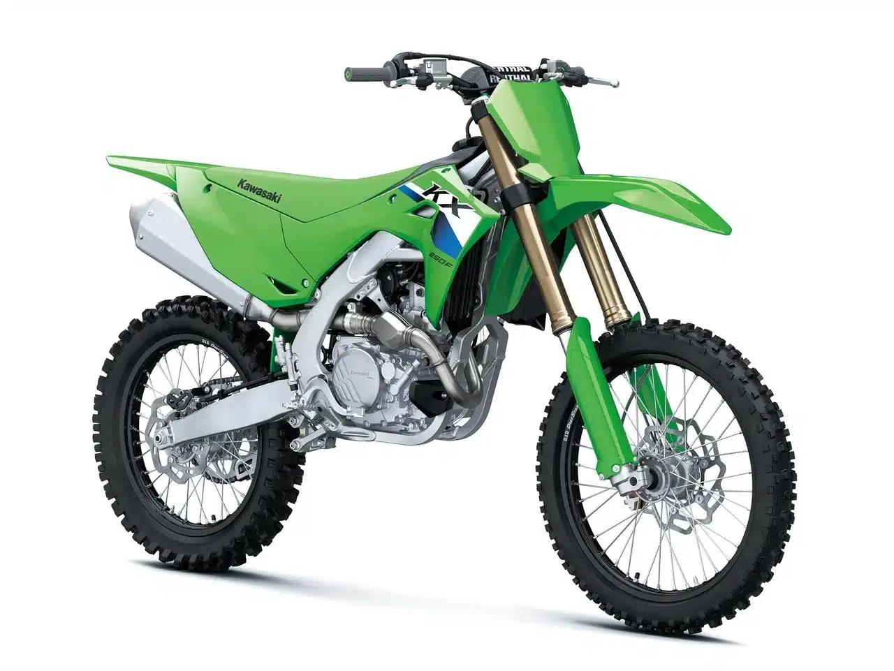 Motocross-Motorrad Kawasaki KX250F 2027 in Lime Green, seitliche Ansicht vor weißem Hintergrund.