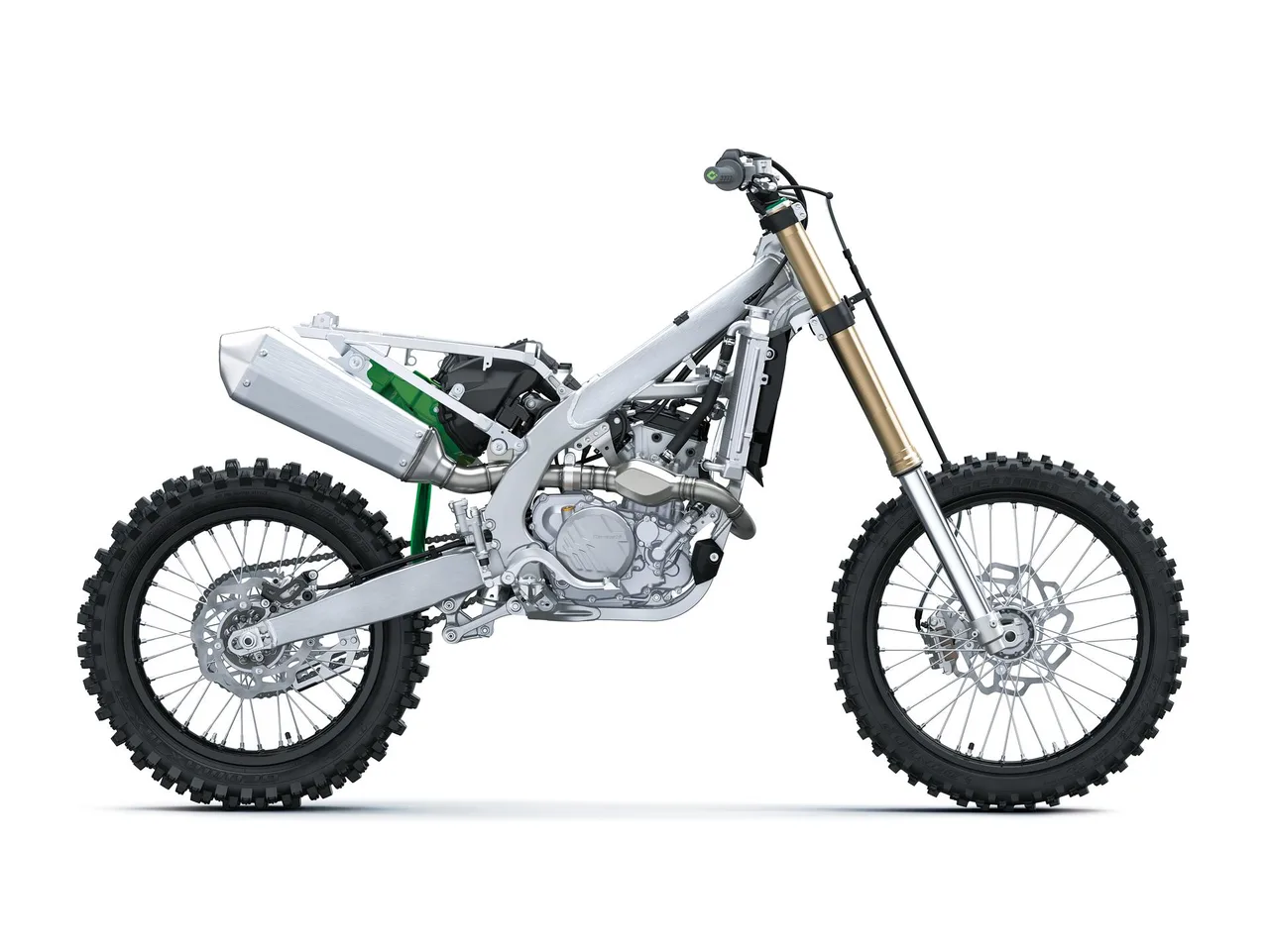 Rahmen und Technik der Kawasaki KX250F 2027 ohne Verkleidung in Seitenansicht