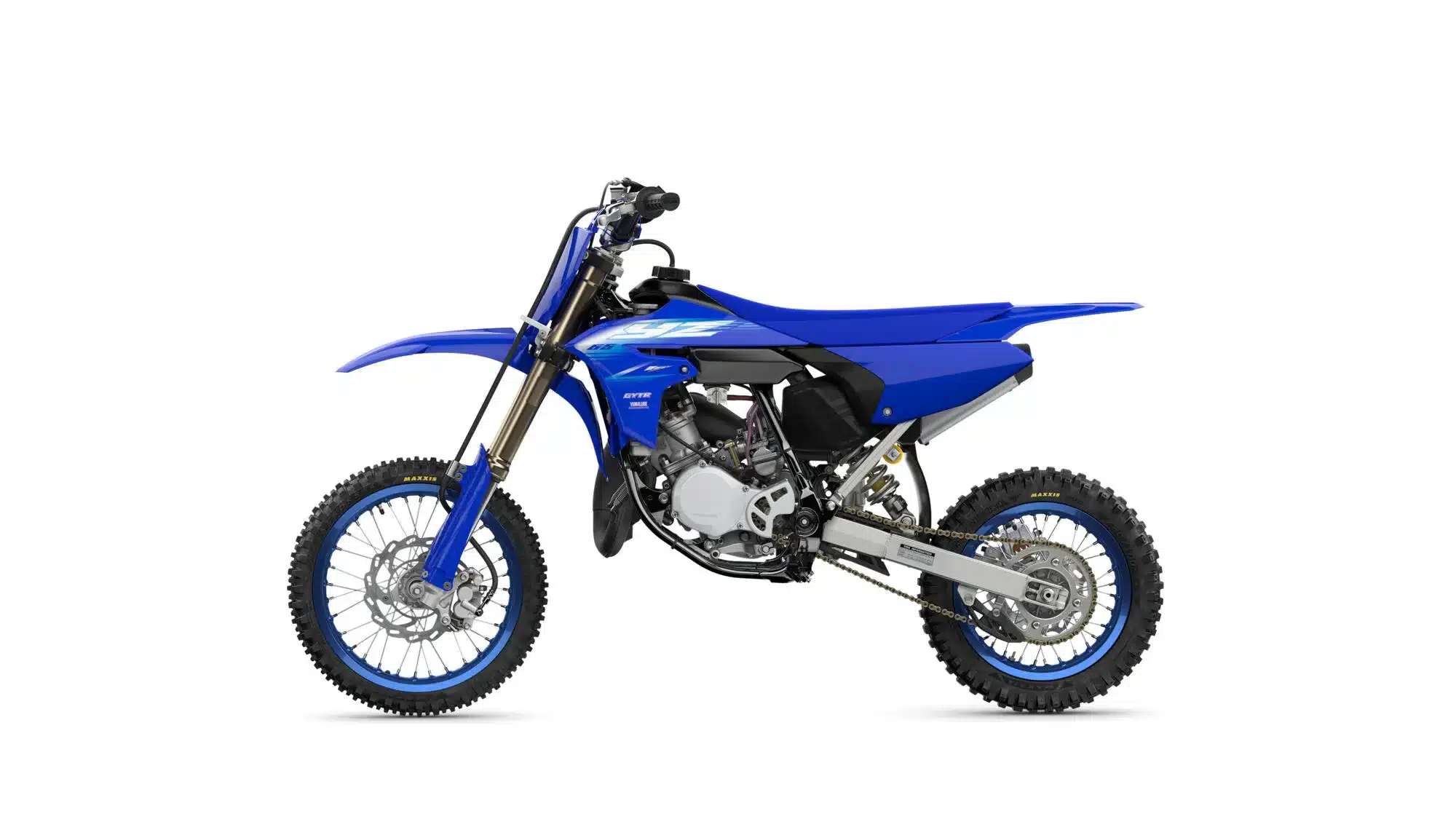 Yamaha YZ65 Motocross-Motorrad von der Seite in Blau.