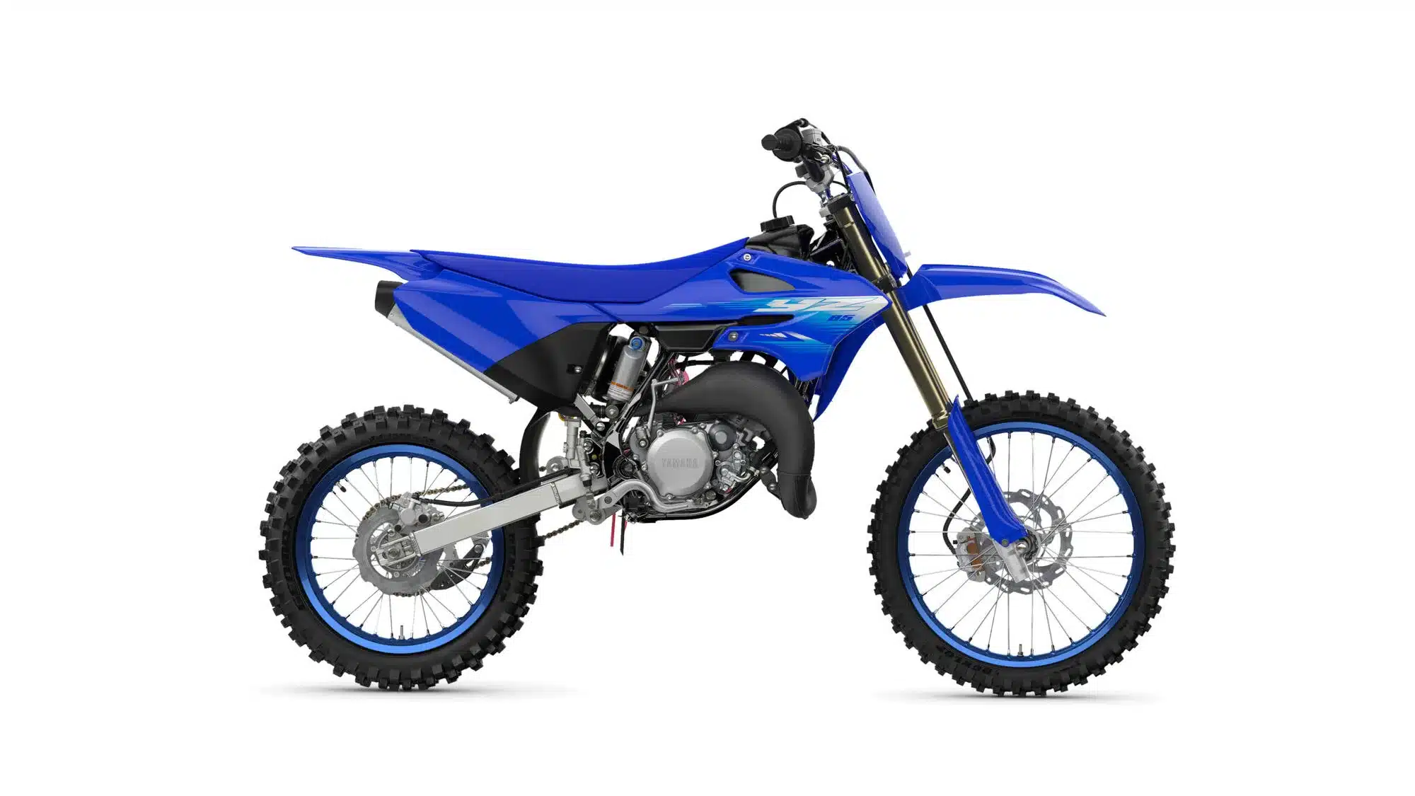 Yamaha YZ85, Wettbewerbs-Motocross-Motorrad Modell 2027 in Blau, seitliche Gesamtansicht