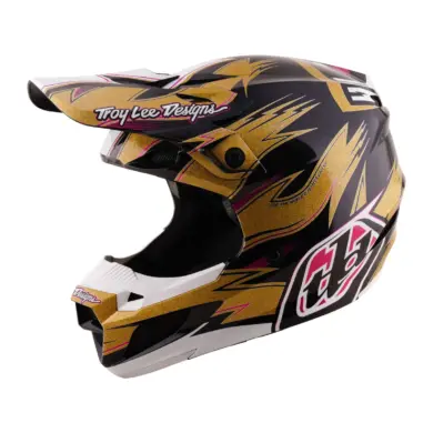Motocross-Helm Troy Lee Designs in Gold-Schwarz mit integriertem Kinnbügel und Visier