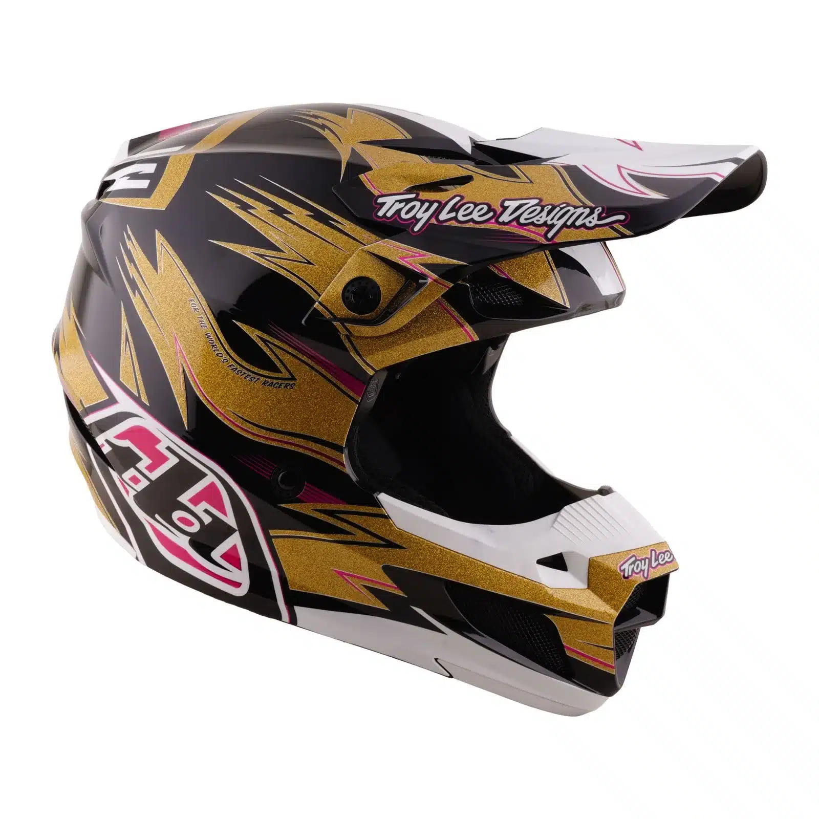 Motocross-Helm mit abnehmbarem Visier und gold-schwarzem Design, seitliche Ansicht