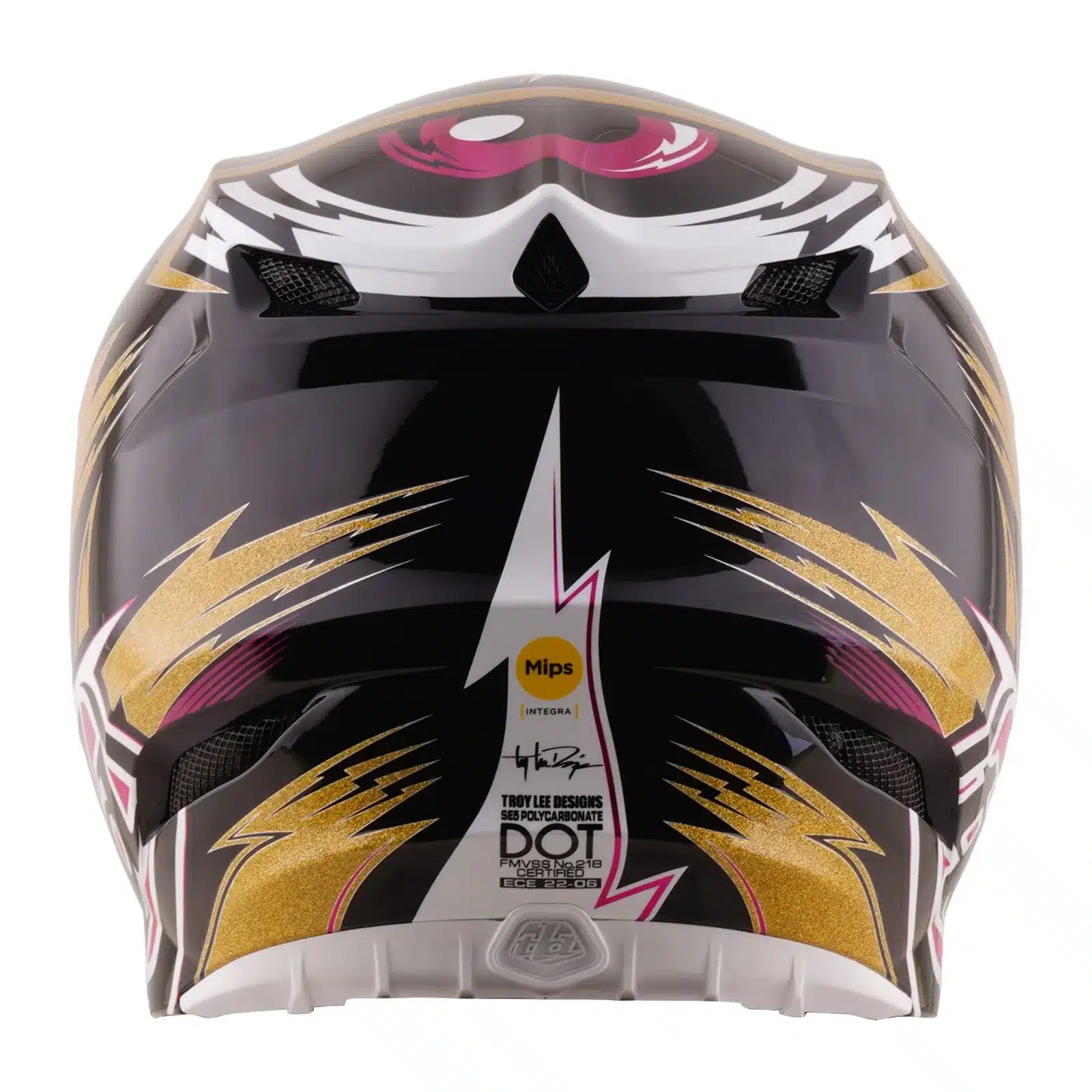 Rückansicht eines Motocross-Helms mit Polycarbonat-Schale, gold-schwarzer Lackierung und Mips Integra Logo