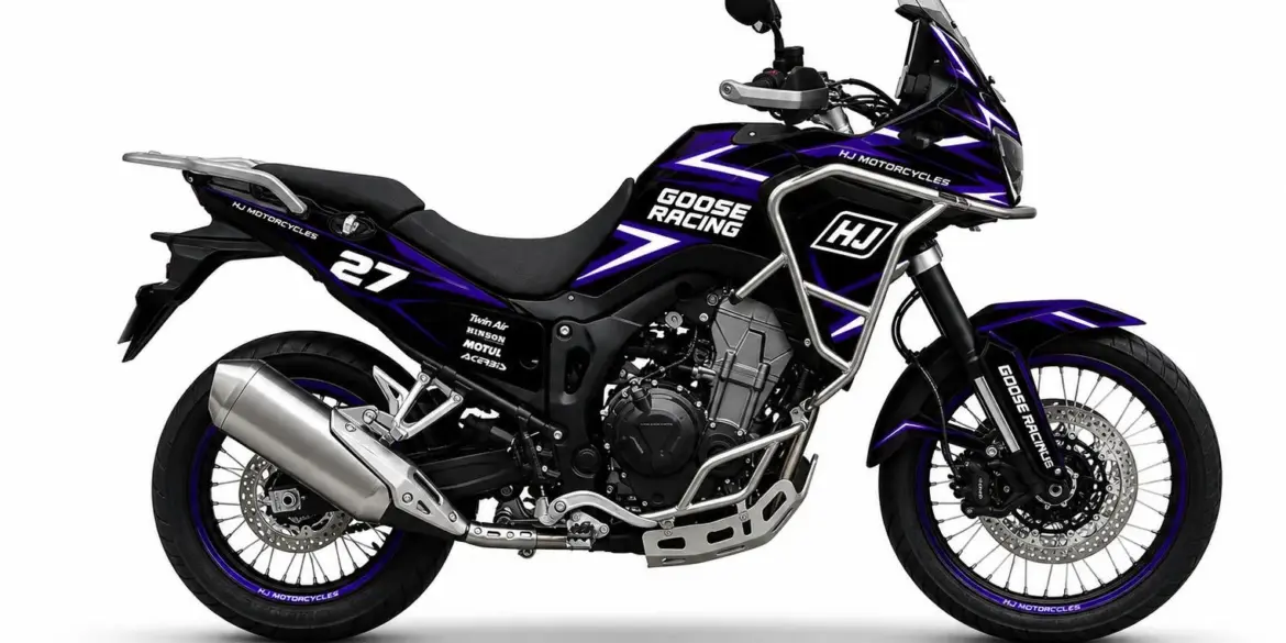 Adventure-Bike Hengjian HJ500-8, komplett ausgestattet, mit Rennbeklebung, in seitlicher Ansicht auf weißem Hintergrund