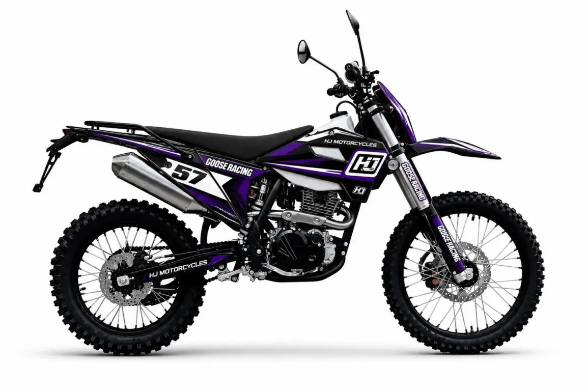Seitenansicht der Hengjian S1-YB300H Enduro mit lila-schwarzer Lackierung auf weißem Hintergrund