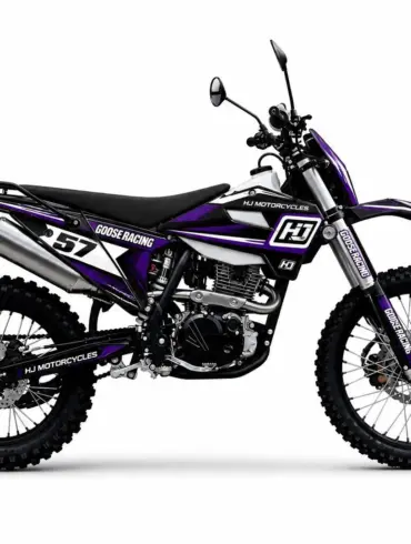Seitenansicht der Hengjian S1-YB300H Enduro mit lila-schwarzer Lackierung auf weißem Hintergrund