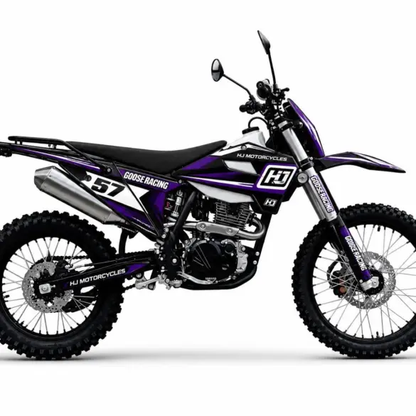 Seitenansicht der Hengjian S1-YB300H Enduro mit lila-schwarzer Lackierung auf weißem Hintergrund