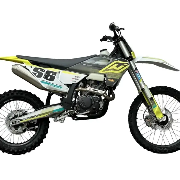 Hengjian S6 YB250H Enduro-Motorrad in Seitenansicht, gelb-graues Design, grobstollige Reifen, offroad-tauglich