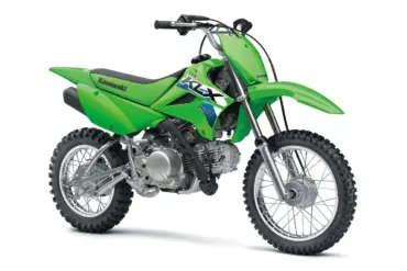 Kawasaki KLX110R 2027 in Lime Green, seitliche Ansicht auf weißem Hintergrund