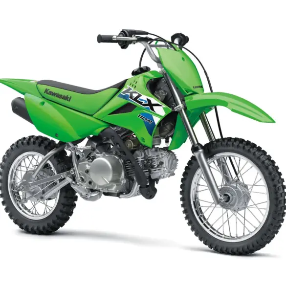 Kawasaki KLX110R 2027 in Lime Green, seitliche Ansicht auf weißem Hintergrund