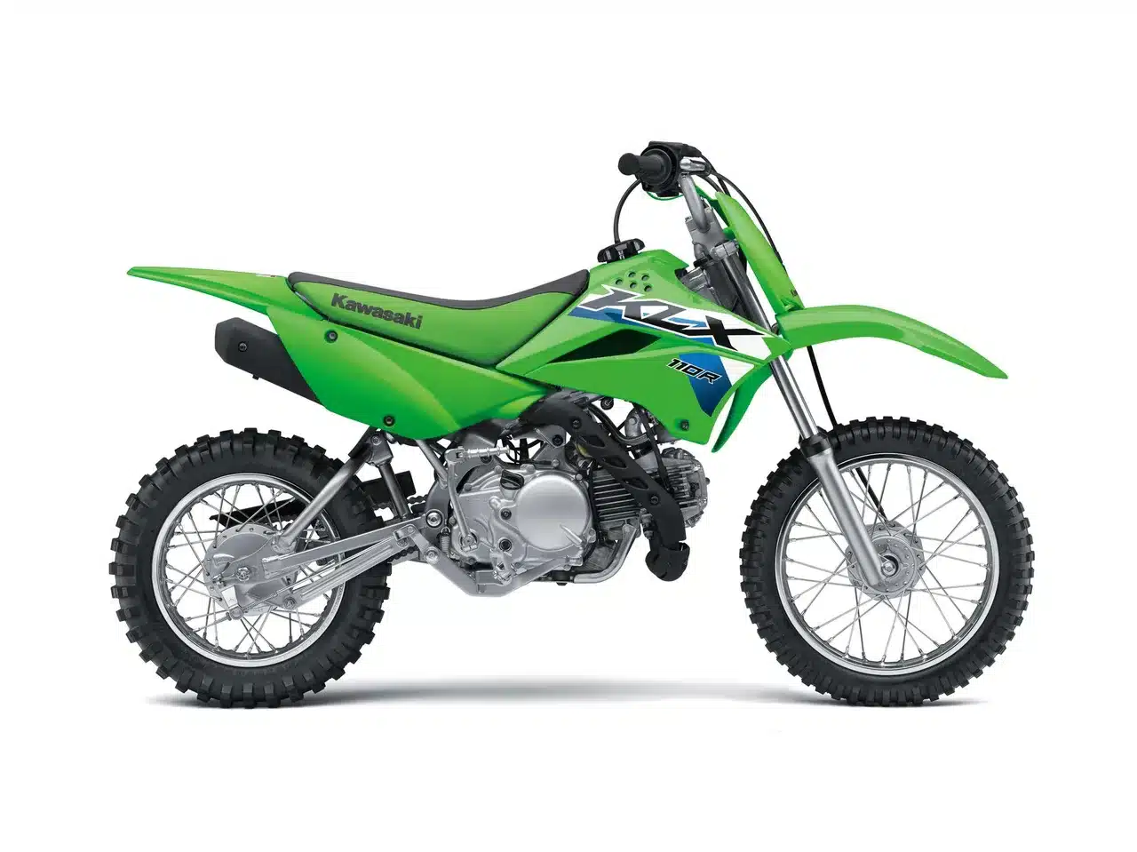 Kawasaki KLX110R 2027 in Lime Green Seitenansicht auf weißem Hintergrund