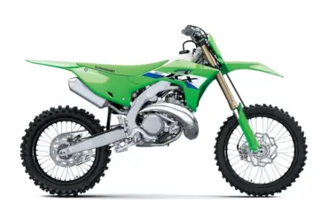 Kawasaki KX327 in Grün, Motocross-Motorrad des Modelljahrs 2027, komplette Seitenansicht