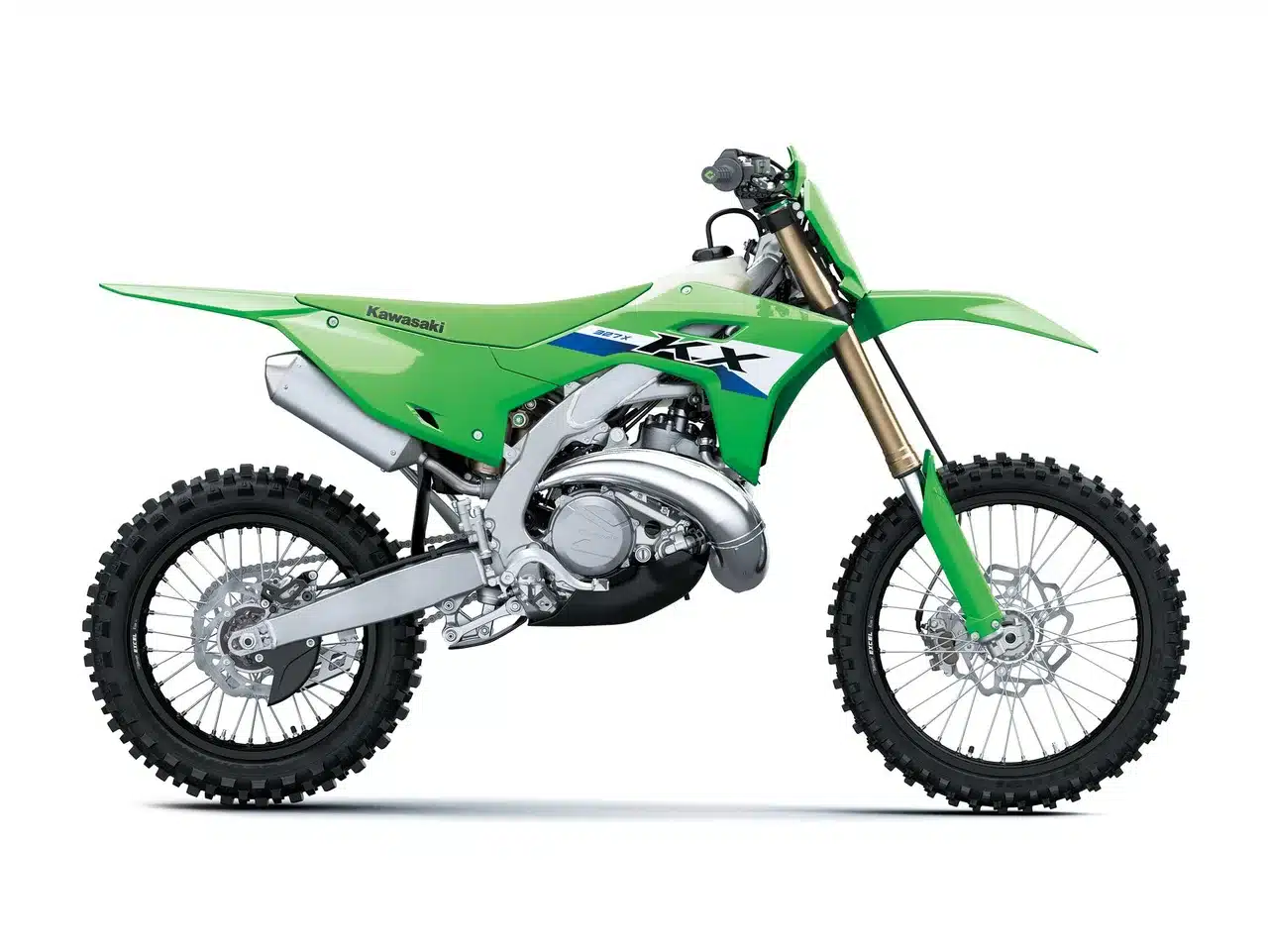 Kawasaki KX327X Cross-Country-Motorrad in Lime Green Seitenansicht