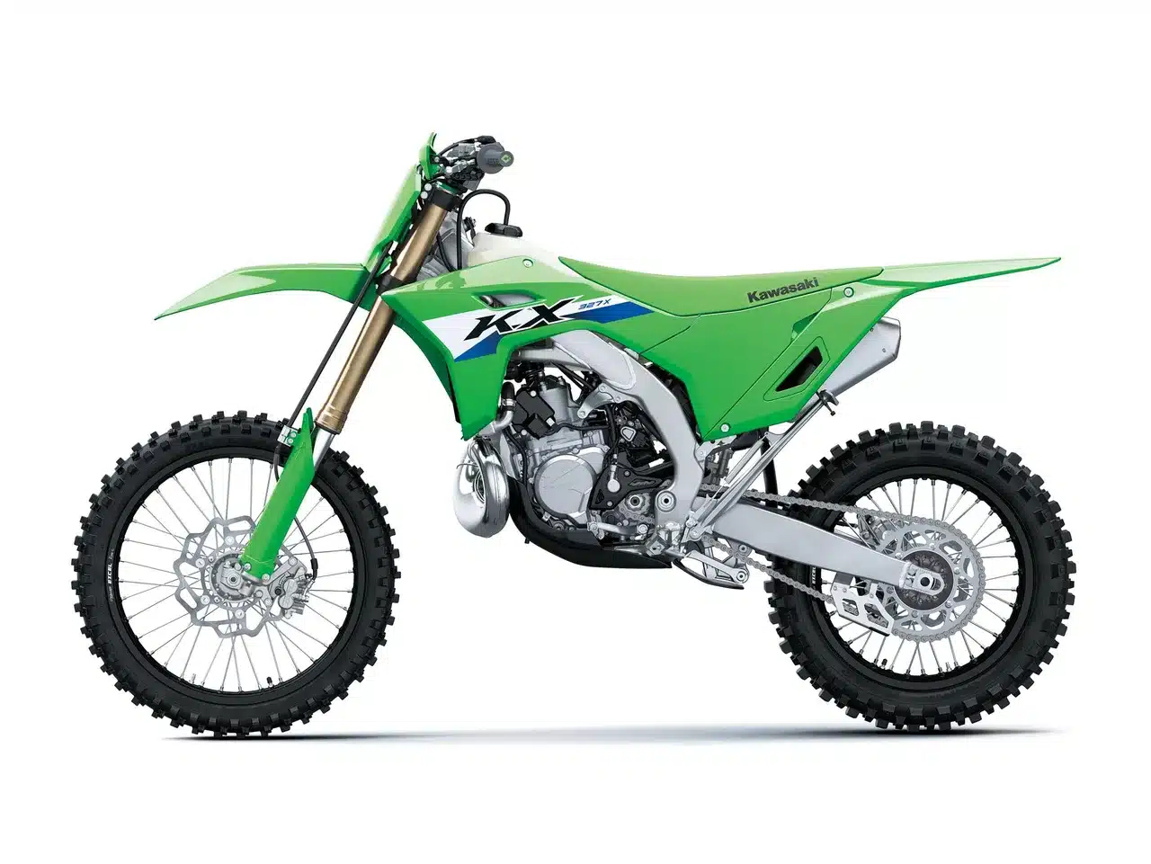 Seitenansicht der Kawasaki KX327X, einem leichten Cross-Country-Motorrad in Lime Green