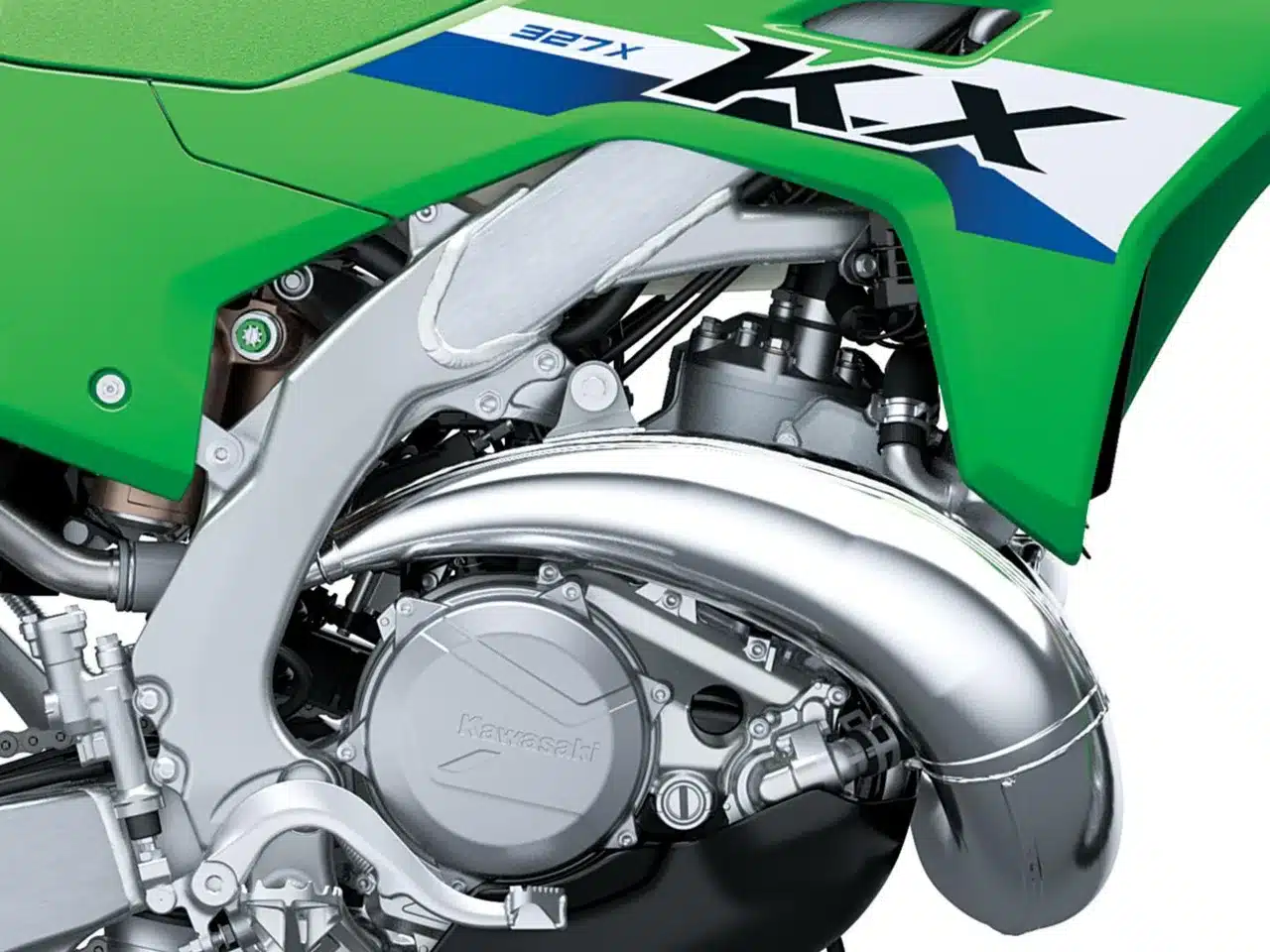 Nahaufnahme des Motors, Rahmens und Frontverkleidung der Kawasaki KX327X