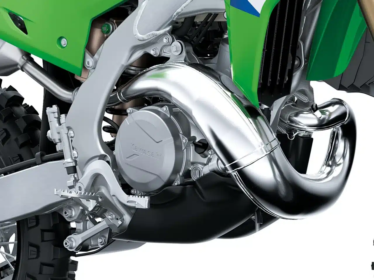 Nahaufnahme des Motors und Rahmens der Kawasaki KX327X