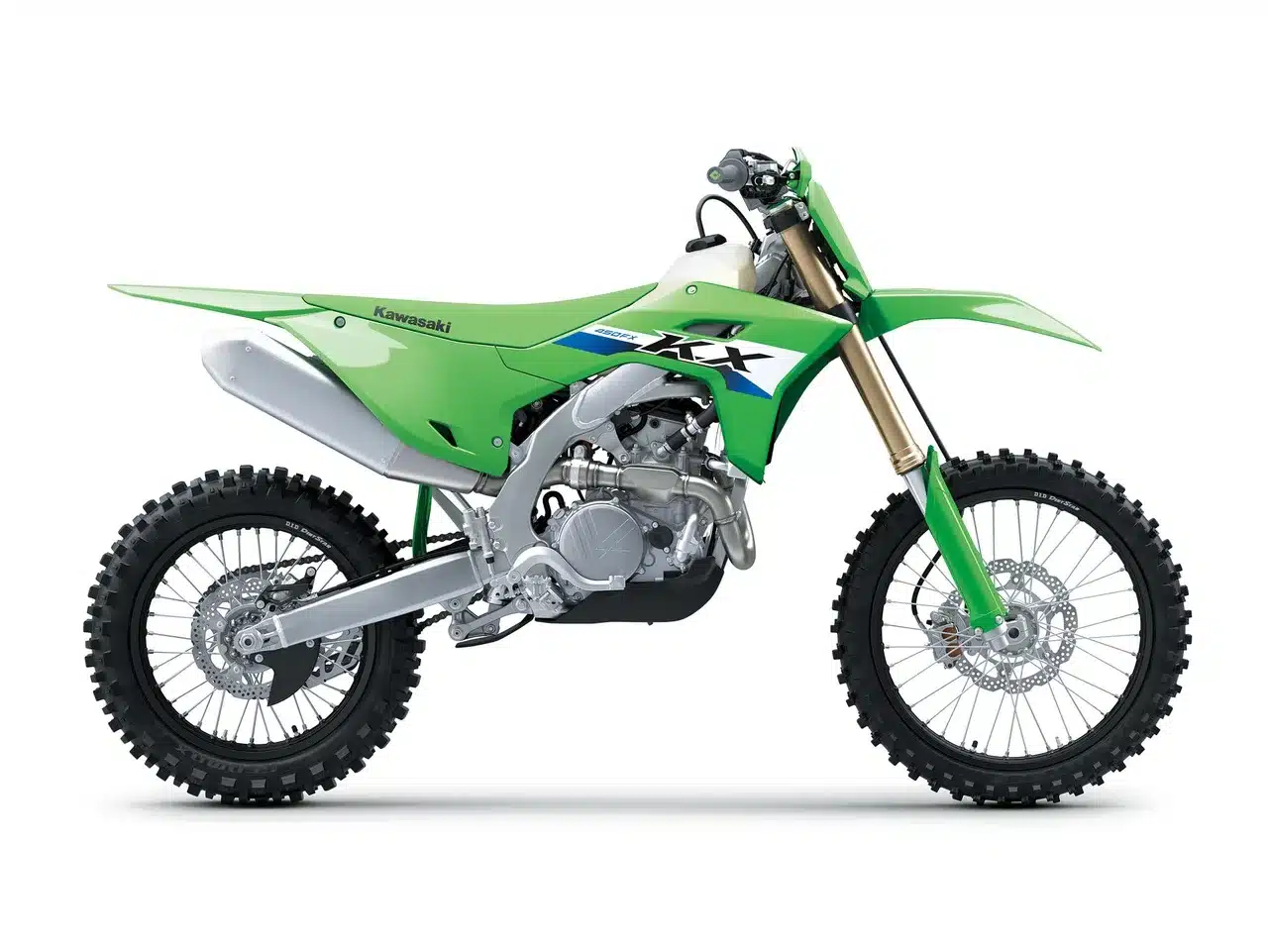 Kawasaki KX450FX 2027 in Seitenansicht, grün lackiertes Offroad-Motorrad mit modernem Fahrwerk und Brembo-Bremsanlage.