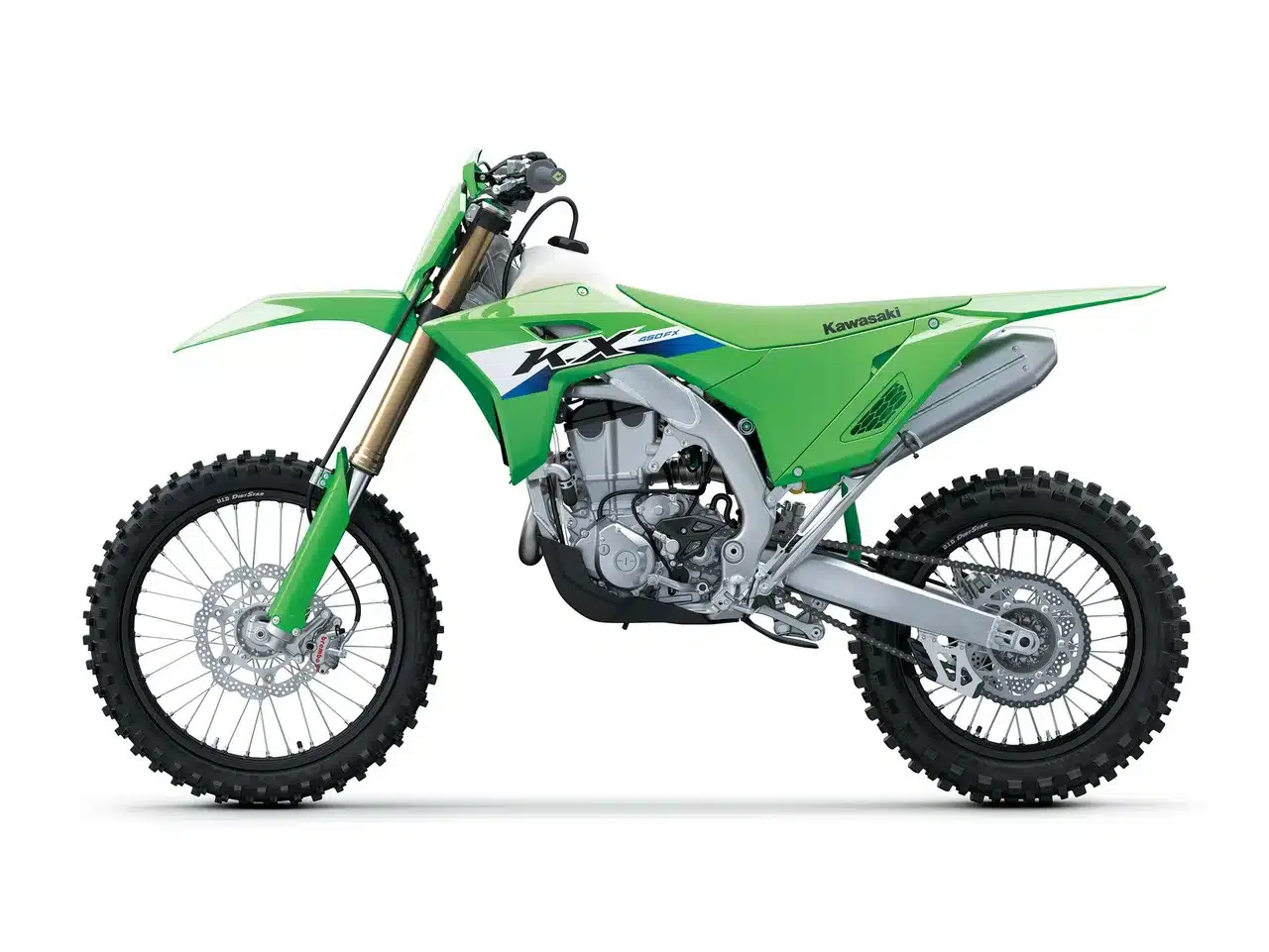 Kawasaki KX450FX 2027, grünes Cross-Country-Motorrad, Seitenansicht auf weißem Hintergrund