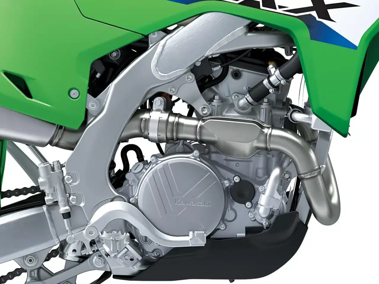 Nahaufnahme des Motors mit Rahmen der Kawasaki KX450FX 2027, grüne Verkleidung