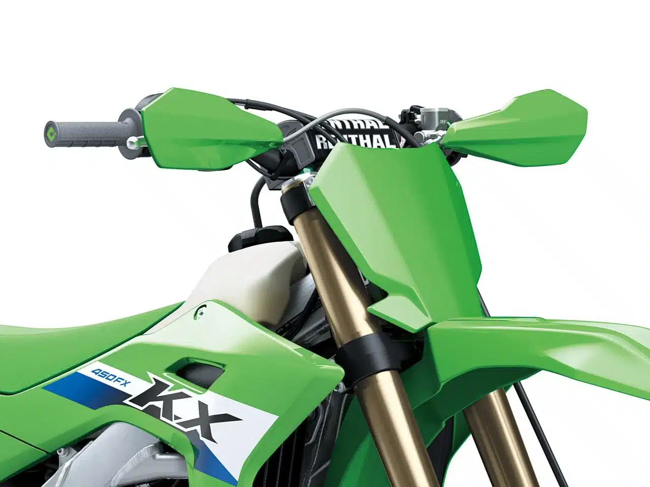 Lenker und Frontverkleidung der Kawasaki KX450FX 2027 in Lime Green mit Handprotektoren