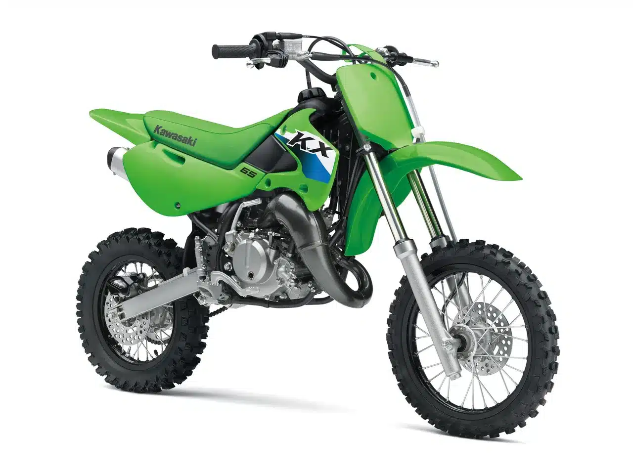Seitenansicht der Kawasaki KX65 2027, ein kompaktes Motocross-Motorrad für junge Fahrer in grüner Lackierung