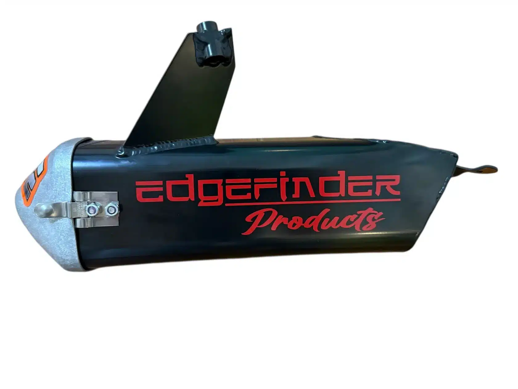 Seitliche Ansicht der Crap-Pipe von Edgefinder Products, gefertigt aus aluminium und pulverbeschichtet, mit rotem Logo