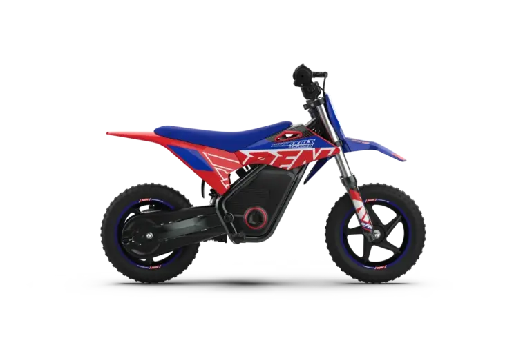 Seitliche Ansicht des RFN Warrior Kids SX-E250 Elektro-Motocross-Motorrads für Kinder, mit blau-rotem Renn-Design