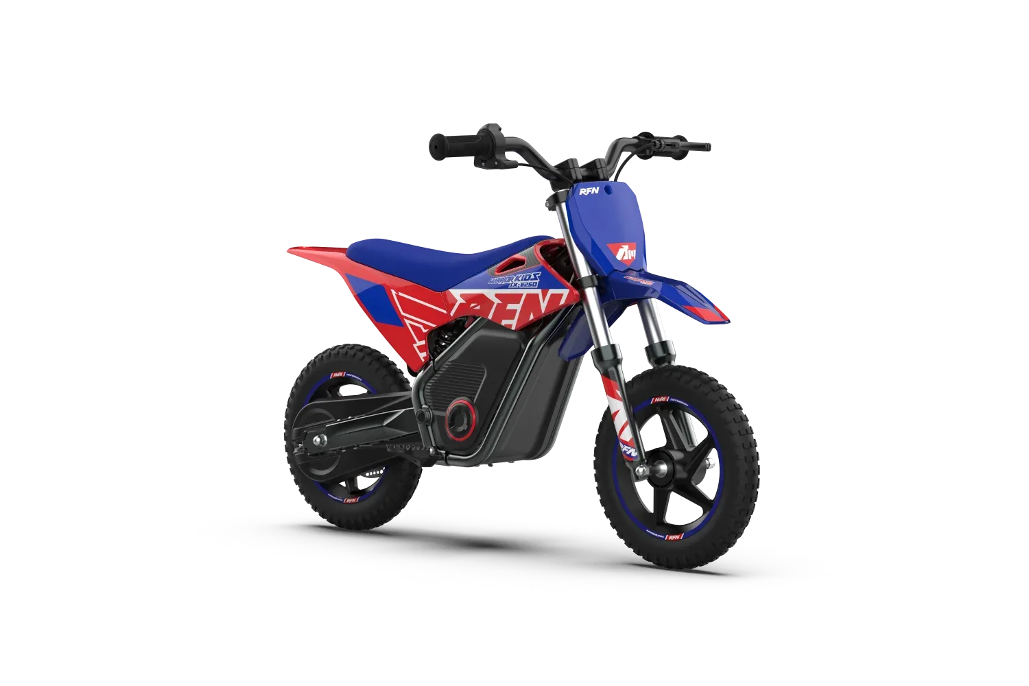 Seitenansicht der RFN Warrior Kids SX-E250, einem elektrischen Offroad-Motorrad für Kinder, mit blau-rotem Design und stabilen Profilreifen.
