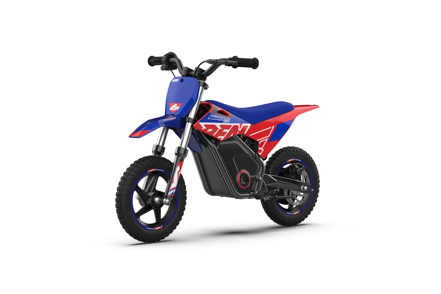 Blau-roter RFN Warrior Kids SX-E250 Elektro-Minicrosser für Kinder, seitlich freigestellt auf weißem Hintergrund