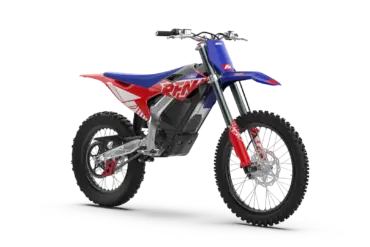 RFN Warrior Pro SX‑E15 PLUS Elektro-Enduro-Bike mit Aluminiumrahmen und sportlichem Design, Seitenansicht vor weißem Hintergrund.