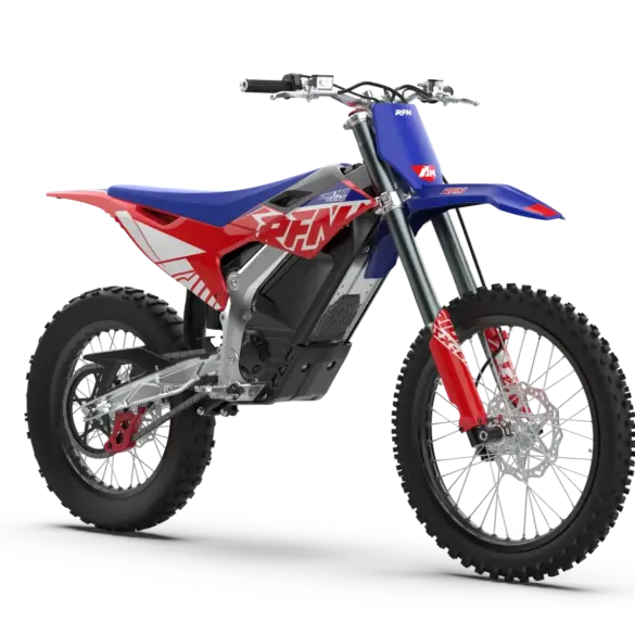 RFN Warrior Pro SX‑E15 PLUS Elektro-Enduro-Bike mit Aluminiumrahmen und sportlichem Design, Seitenansicht vor weißem Hintergrund.