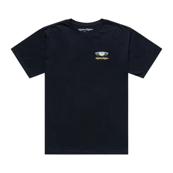 Schwarzes kurzärmeliges T-Shirt mit kleinem Cyborg-Motiv auf der linken Brust