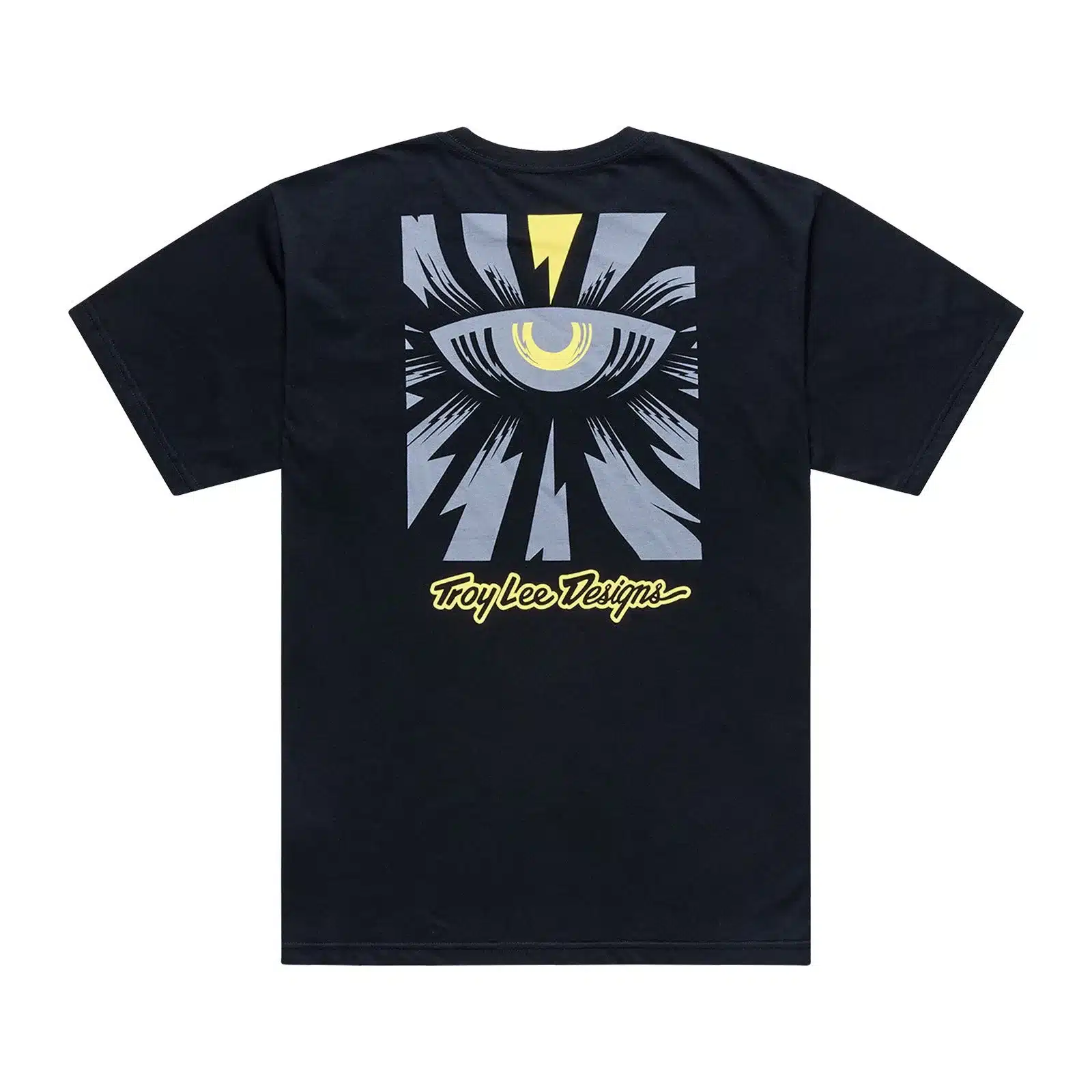 T-Shirt in Schwarz mit auffälligem Eye-Design und gelber Schrift auf dem Rücken