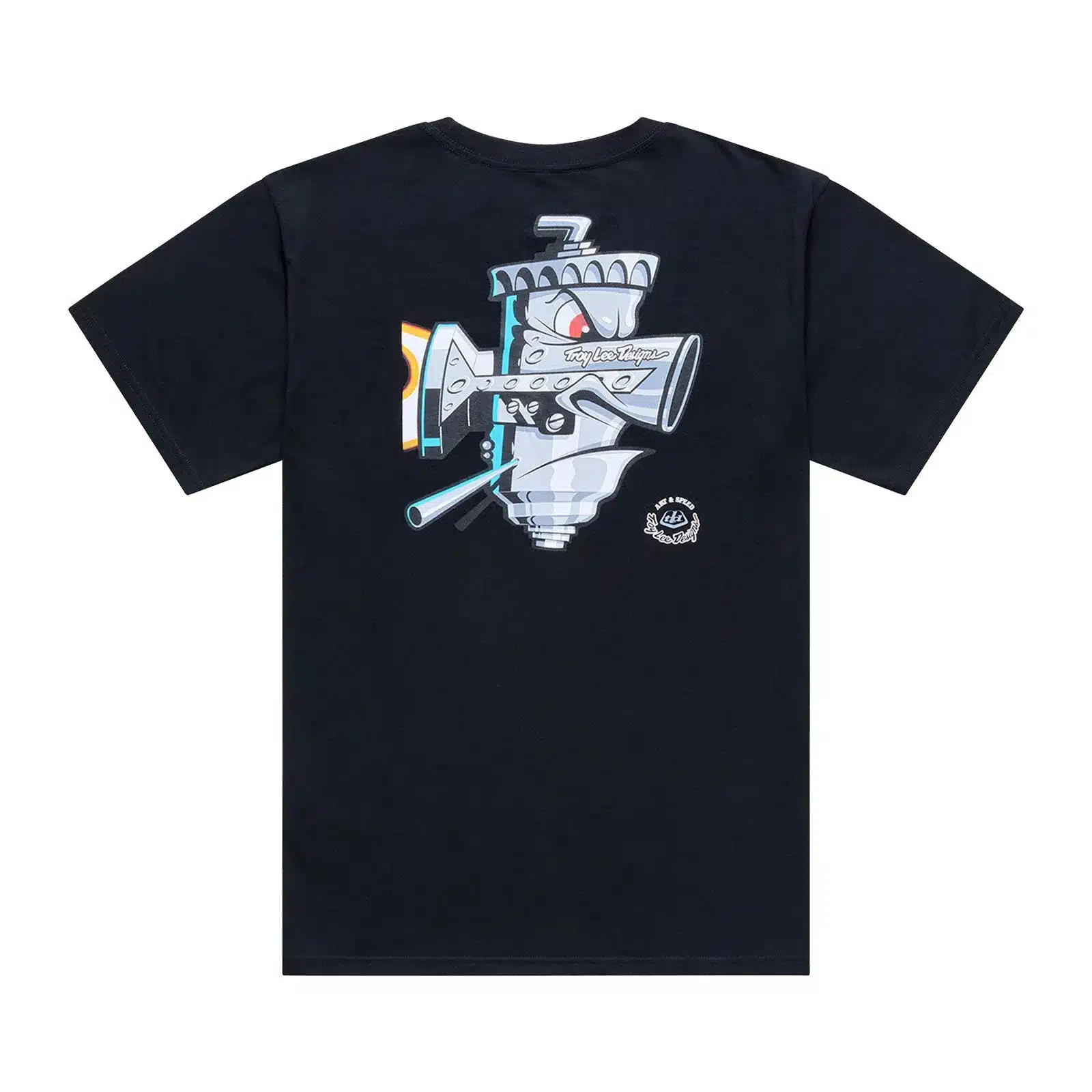 Schwarzes T-Shirt mit großem, stilisiertem Vergaser-Motiv auf dem Rücken, passend zur Motorradszene.