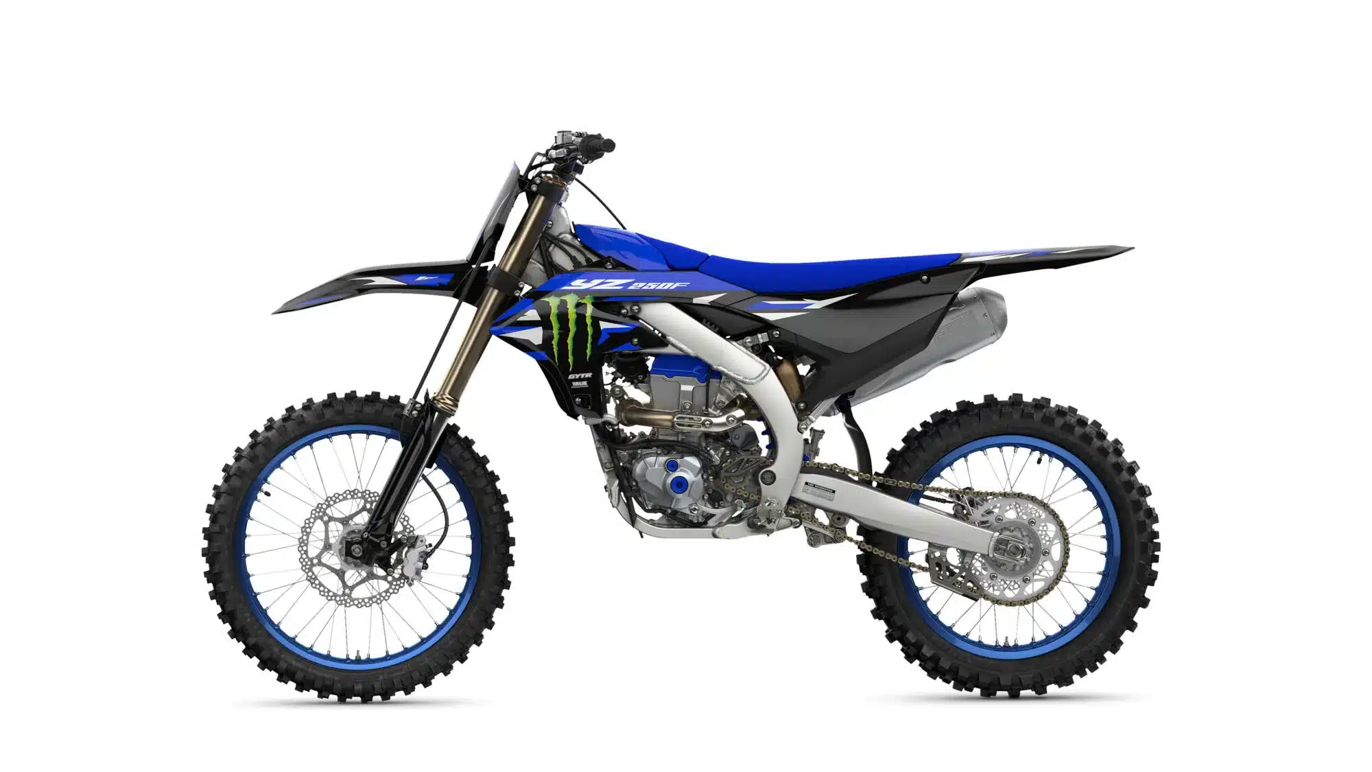 Yamaha YZ250F Monster Energy Yamaha Racing Edition in Seitenansicht mit typischem Monster Energy Design.
